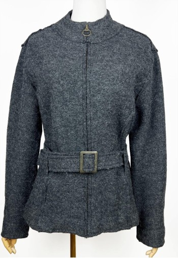 Vintage Boiled Wool Jacket, Belted Grey Zip Up Wool jacket