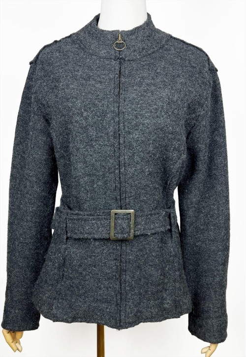 Vintage Boiled Wool Jacket, Belted Grey Zip Up Wool jacket