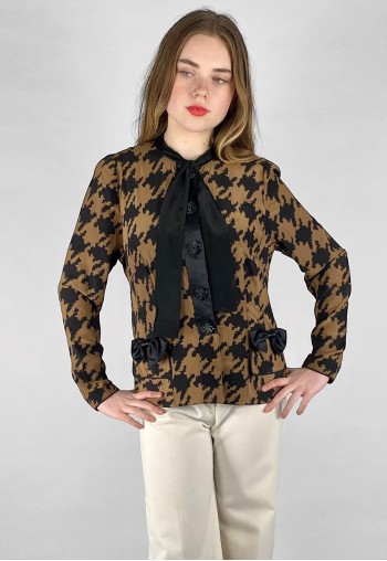 80's Vintage Brown Black Dogtooth Pussy Bow Jacket