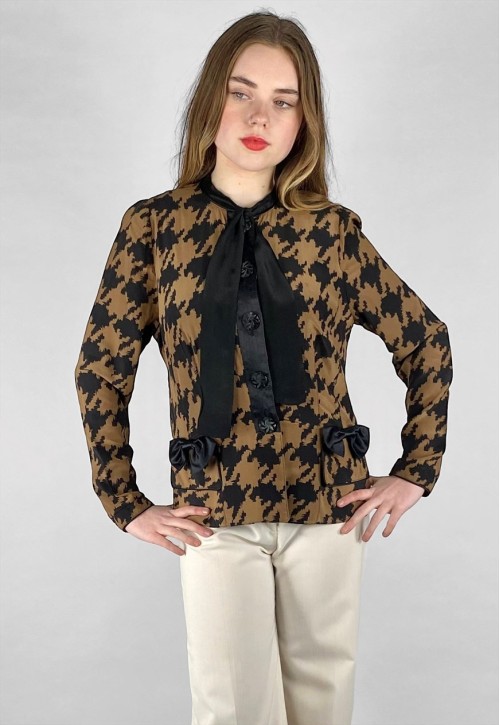 80's Vintage Brown Black Dogtooth Pussy Bow Jacket