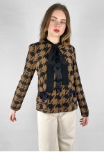 80's Vintage Brown Black Dogtooth Pussy Bow Jacket