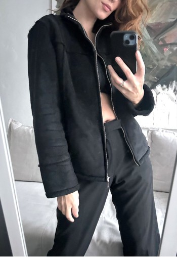 Suede Faux Fur Sherpa Black Coat - M
